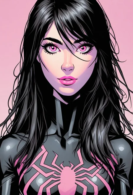 /Spider_Ayane/, pink lipstick, long black hair, medium breasts, portrait, black bodysuit with pink spider print, looking at viewer, puty lips, pink eyes, straight from front