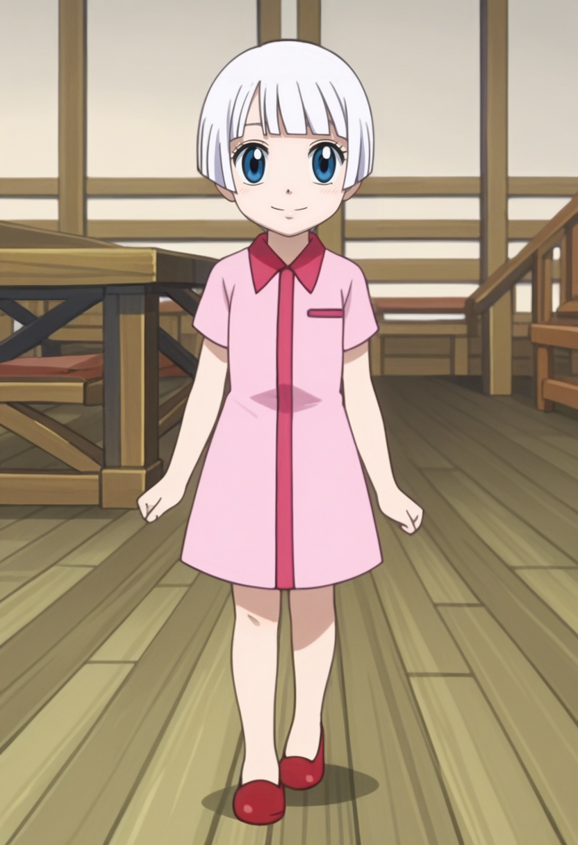 source_anime,anime screencap, anime coloring,intricate details,rating_safe, masterpiece, best quality,
(best quality, absurd res, ultra detailed),,(4 finger:0.5),1girl, ((solo)), good eyes,perfect eyes,,detailed eyes, zPDXLxxx , zPDXL3, OverallDetail,detailed, detailed face
BREAK
solo,indoors,standing, front view,
lisanna, blue eyes, white hair, short hair, blunt bangs, pink shirtdress, shirtdress, short sleeves, red footwear,
smile
, <lora:add-detail-xl:5> <lora:lisanna:0.8>
