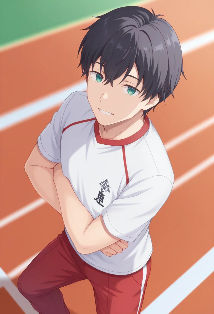 masterpiece, best quality, amazing quality,high resolution, intricate details,depth of field , , , 1boy, solo, male focus, <lora:Yuuta_Asamura:0.82>,yuuta asamura,black hair,green eyes,short hair,looking at viewer,sportswear,short sleeves,white shirt,red pants,pose,from above,smile,mouth open