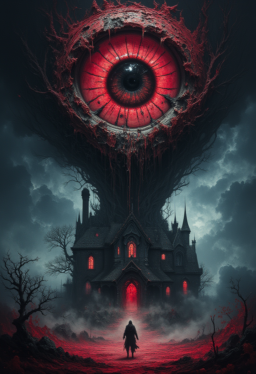 FredFraiStyle "A dark fantasy, surreal horror composition featuring a large, ominous eye with detailed iris, hovering above a haunted house. The scene is drenched in blood-red splatters and dripping textures, creating an eerie, nightmarish atmosphere. The background features twisted, shadowy trees and fog, enveloping the creepy old house with flickering lights. A solitary figure stands at a distance, shrouded in mist, adding a sense of mystery and fear. The overall color palette is dominated by deep reds, blacks, and cool shades of blue, with intricate shading and texture details, blending horror and surrealism."
<lora:FredFraiStyle-FLUX-Share:0.95>
<lora:Ars_MidJourney_Style_-_Flux:0.6>
<lora:- Flux1 - vanta_black_V2.0:0.55>