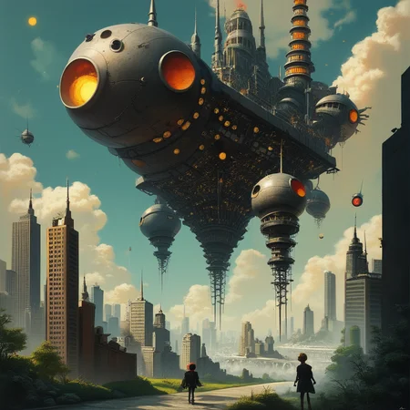score_9, score_8_up, score_7_up, score_6_up, |manga, Hovering above the city, a colossal mothership cast a shadow over the sprawling metropolis. Its sleek design was both menacing and beautiful, with lights flickering in synchronized patterns. Below, the populace gazed upward, a mix of awe and terror etched on their faces., highly detailed <lora:ponys-dream:.9>