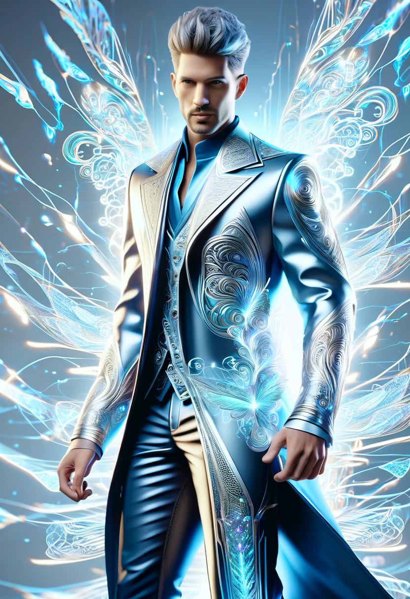 hyper detailed masterpiece, dynamic,awesome quality,DonM3lv3nM4g1cXL magic, ,male sload, holographic fashion stylist,  <lora:DonM3lv3nM4g1cXL-v1.1-000006:1>