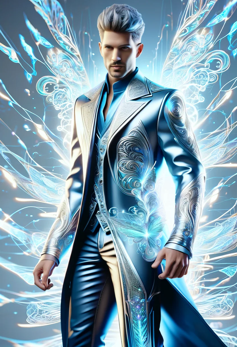 hyper detailed masterpiece, dynamic,awesome quality,DonM3lv3nM4g1cXL magic, ,male sload, holographic fashion stylist,  <lora:DonM3lv3nM4g1cXL-v1.1-000006:1>
