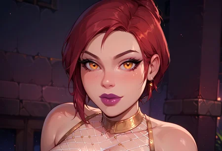 2D, best quality, highly detailed, score_9, score_8_up, score_7_up, score_6_up, source_cartoon,
BREAK, 1girl, assumi, short red hair, single hair bun, golden eyes, purple lipstick, flirtatious expression, big breasts, tight body, frontal shot, tight clothing, 1girl, round breasts, perfect tits, perfect nipples, large breasts, beautiful, gold trim, fishnet clothing, bodypaint, glitter, neon_purple, 1woman, glowing, exhibitionism, fishnets, neon_lights, rave_party, nightclub, close up