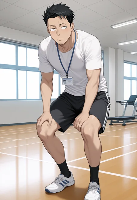 masterpiece,best quality,amazing quality,fujio uzaki,1boy,solo,male focus,shorts,shirt,white t-shirt,sanpaku,shoes,t-shirt,black shorts,full body,socks,black socks,id card,<lora:SakuraiShinichi_V2_noob-000010:1>,looking at viewer,indoors,gym,