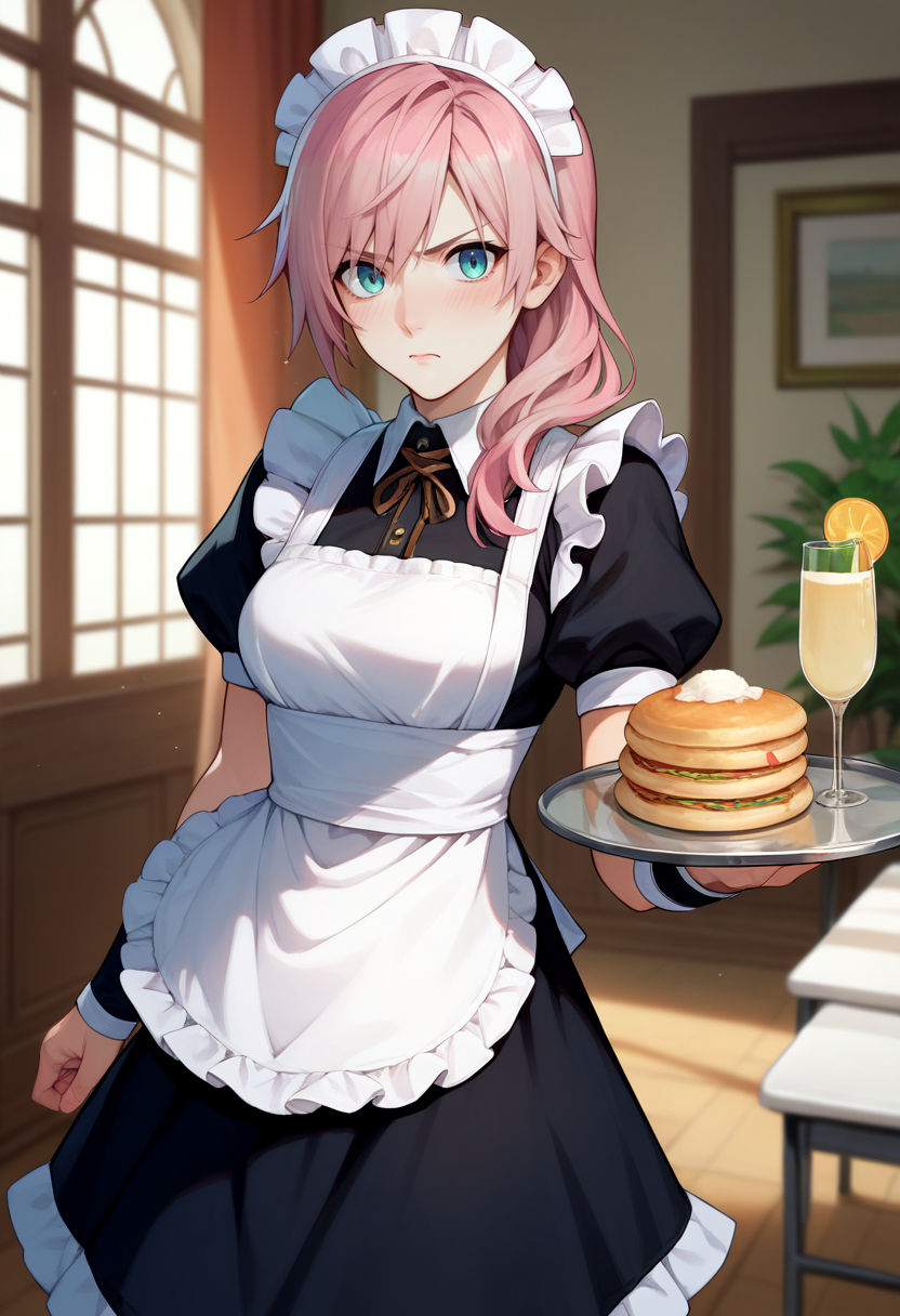 score_9, score_8_up, score_7_up, source_anime, solo, 1girl, lightningfarron, blush, flustered, looking at viewer, holding tray, maid, black dress, maid apron, puffy sleeves, indoors <lora:ffxiii_lightning_ponyXL:1>