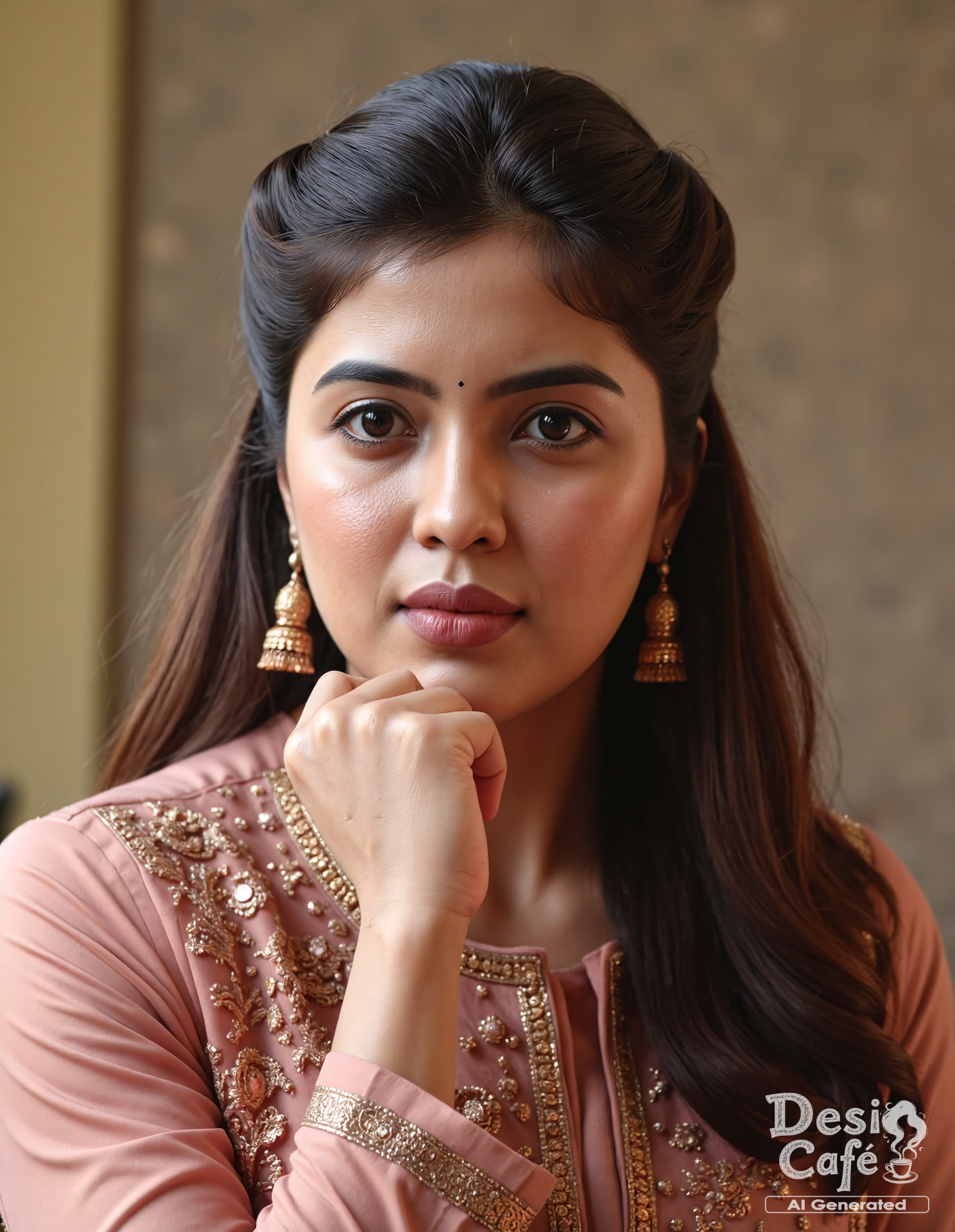 instagram non-nude photo of amritha aiyer woman, hyper realistic photo that is safe for work, angry, studio quality image with natural colors, well dressed wearing intricate long sleeved Rose Churidar Suit, hair styled as  straight hair,muted pastel shaded multicolored background that contrasts with the person, cinematic lighting,âââââ <lora:Amritha_Aiyer_Flux_Kohya_V1:1>âââ