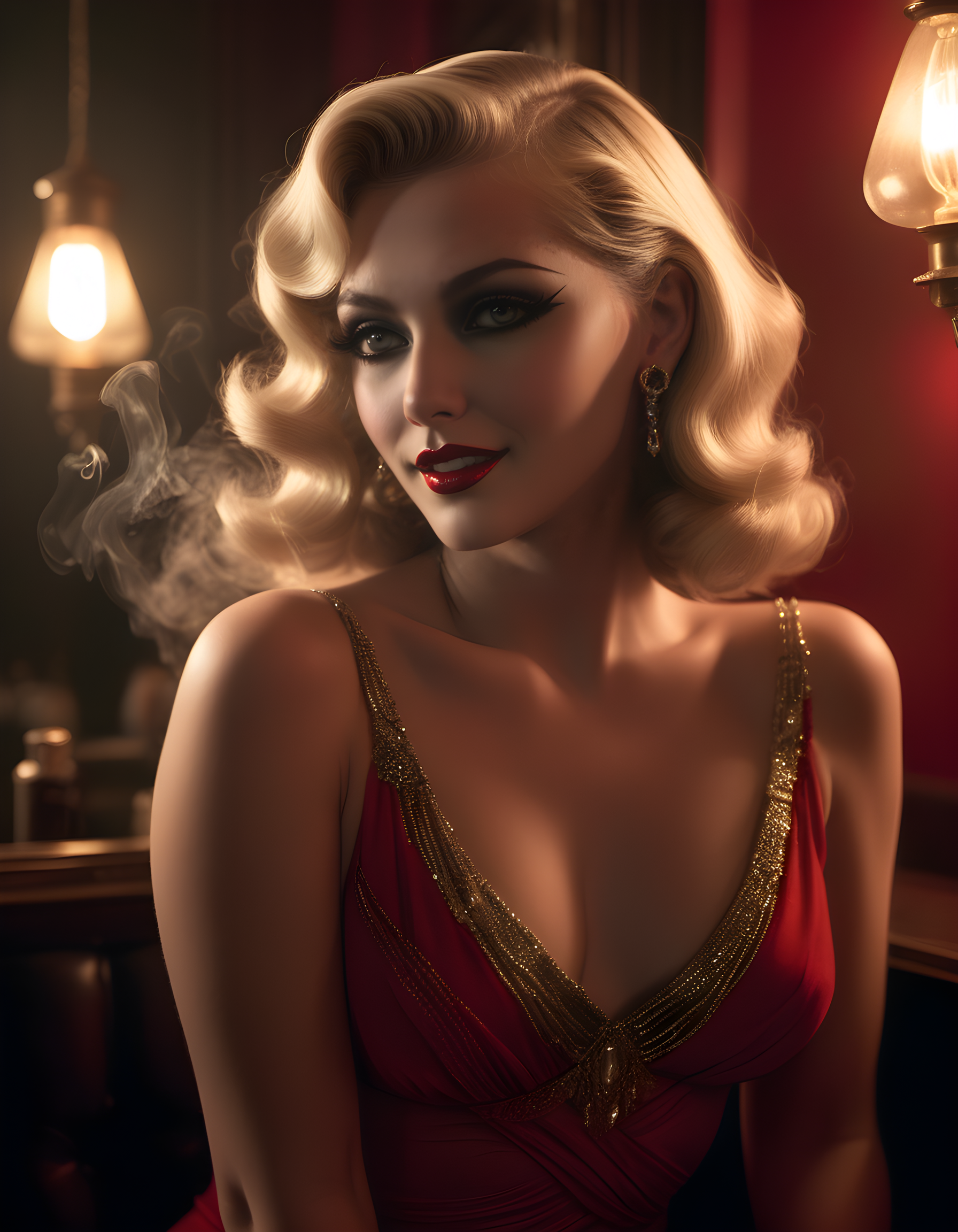 In a gritty, noir-inspired scene set within the dimly lit, smoky ambiance of a 1940s speakeasy, the camera captures CL4R45, a striking blonde woman, from a low angle that accentuates her elegance. Her eyes, rimmed with thick black eyeliner and smoldering with intrigue, are fixed directly on the viewer. Her long, wavy platinum hair cascades down her back, catching the soft, warm light filtering through the smoke-filled room. She wears a form-fitting red dress adorned with intricate gold beading, revealing a hint of her toned midriff. A pair of large, dazzling diamond earrings hang from her ears, and a chunky gold bracelet encircles her slender wrist. Her lips are painted a bold, crimson red, and her teeth flash in a knowing smile as she takes another drag from a cigarette holder, the tip glowing brightly in the dim light, creating an air of mystery and allure that captivates the viewer.
