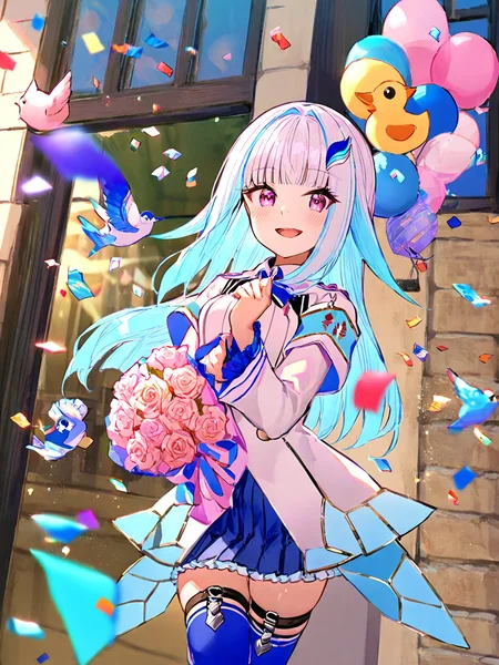 lize helesta,1girl,bouquet,holding bouquet,multicolored hair,blue hair,thighhighs,flower,hair ornament,skirt,purple eyes,long hair,blue thighhighs,white hair,armband,smile,balloon,bird,holding,blunt bangs,looking at viewer,animal on shoulder,solo,blue flower,bird on shoulder,open mouth,jacket,colored inner hair,monocle,long sleeves,safety pin,duck,confetti,window,two-tone hair,white jacket,pleated skirt,cowboy shot,frills,day,hairclip,rose,pink flower,outdoors,
<lora:ag31-fuzichoco_1-000032:1>,