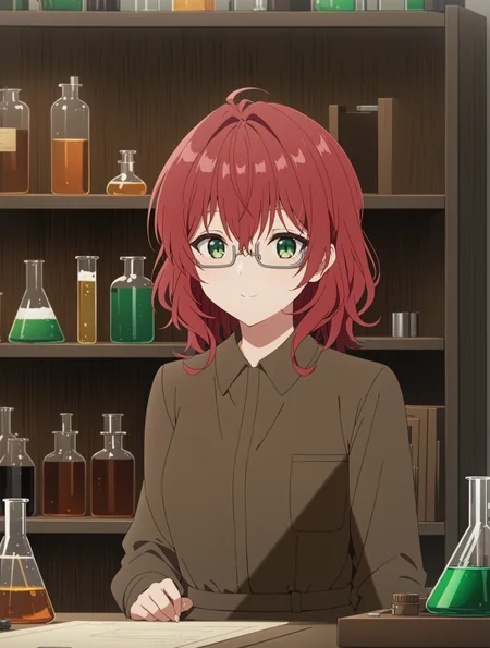 masterpiece, best quality,
1girl,solo,
<lora:dahlia.sdxl.v2:0.9> dahlia, red hair, green eyes, grey glasses,
teenager,brown shirt, collared shirt, black dress,
green skirt,
laboratory, flask, bottle, desk, table,shelf,