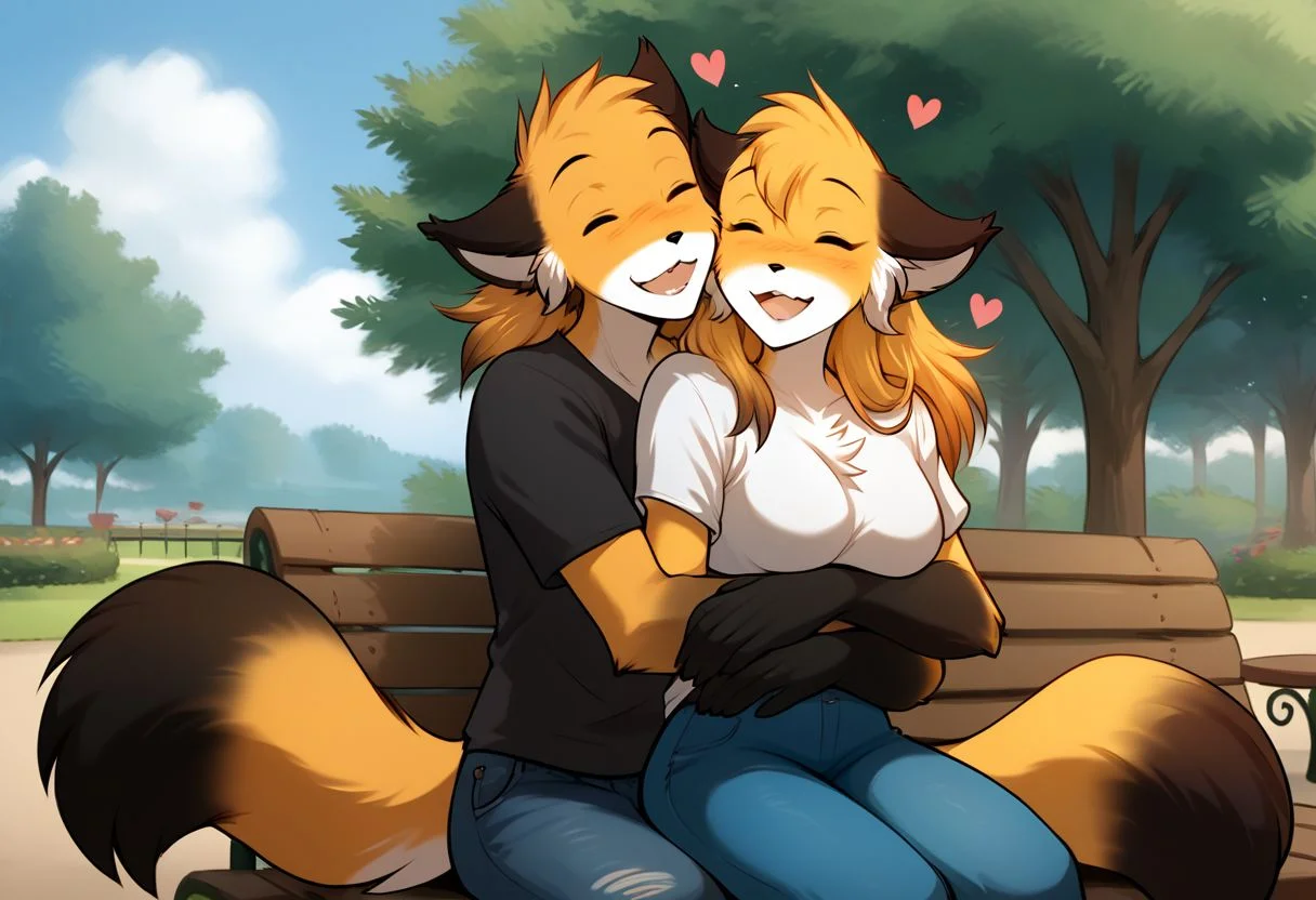 score_9, score_8_up, score_7_up, score_6_up, source_furry, rating_explicit, duo, duo focus, anthro male fox, fox, anthro, Perfect Hands, 1boy, happy expression, happy smile, park, Sitting on a bench, thin waist, flat stomach, lean, eyes contact, black T-shirt, jeans, hugging
BREAK
score_9, score_8_up, score_7_up, score_6_up, source_furry, rating_explicit, duo, duo focus, female, mike-twokinds, Perfect Hands, 1girl, happy expression, laughing, park, Sitting on the guy's lap, thin waist, flat stomach, lean, eyes close, furry fox paws, white T-shirt, cute shorts, floating hearts, medium breasts, hugging