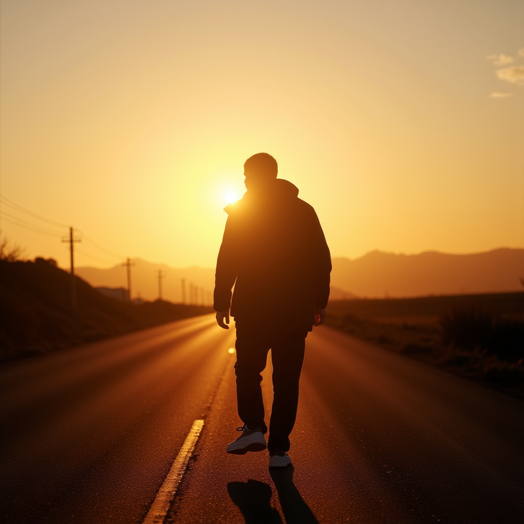cinematic film still  <lora:Hollywood Cinematic Film style v1:1>
A dramatic cinematic photographic image of a person is walking down a road at sunset,solo,1boy,jacket,male focus,outdoors,sky,shoes,pants,bag,from behind,sneakers,scenery,walking,sunset,sun,road , Commercial advertisement themed, sharp, detailed, epic photography, artistic, creative, dramatic light, cinematic style, Kodak film style, different lighting style, different color style, different background, different scene, different person, different people, different race, different gender, 8k resolution, Television advertisement Hollywood Cinematic Film style . shallow depth of field, vignette, highly detailed, high budget, bokeh, cinemascope, moody, epic, gorgeous, film grain, grainy