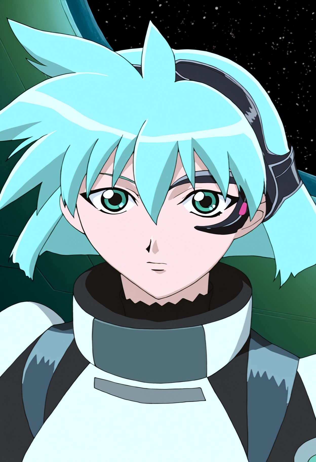 high quality, highres, 1girl, meia gisborn,  solo,green eyes, looking at viewer,  hair between eyes, blue hair, short hair, aqua hair,  indoors, space, bodysuit, eyepiece, standing, portrait,