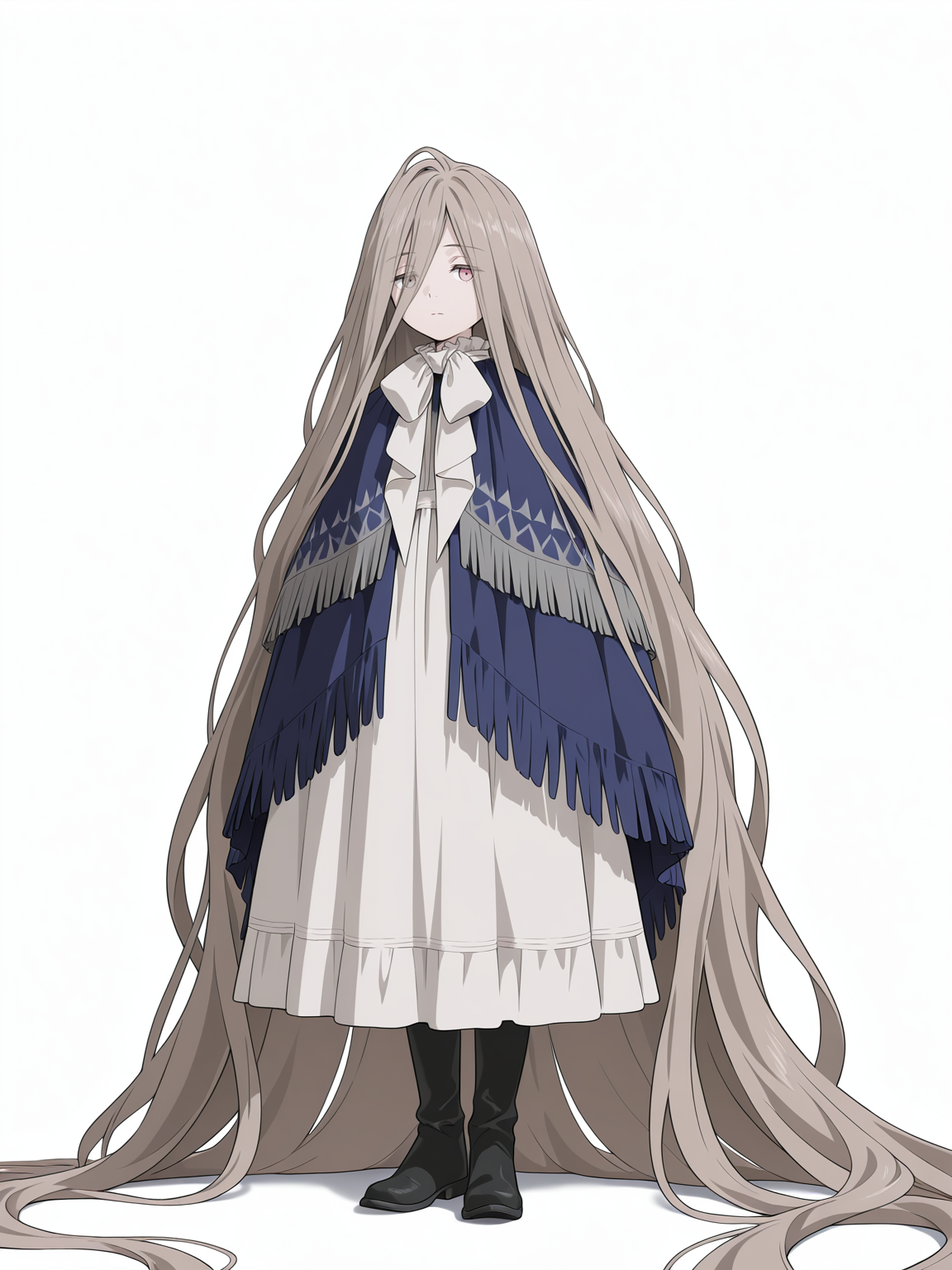 Sense,Sense,solo,full body,simple background,white background,standing,dress,boots,black footwear,looking at viewer,capelet,white dress,absurdly long hair,closed mouth,expressionless,frills,blue shawl,pink eyes,grey eyes
