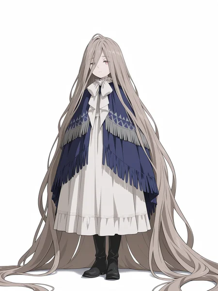 Sense,Sense,solo,full body,simple background,white background,standing,dress,boots,black footwear,looking at viewer,capelet,white dress,absurdly long hair,closed mouth,expressionless,frills,blue shawl,pink eyes,grey eyes