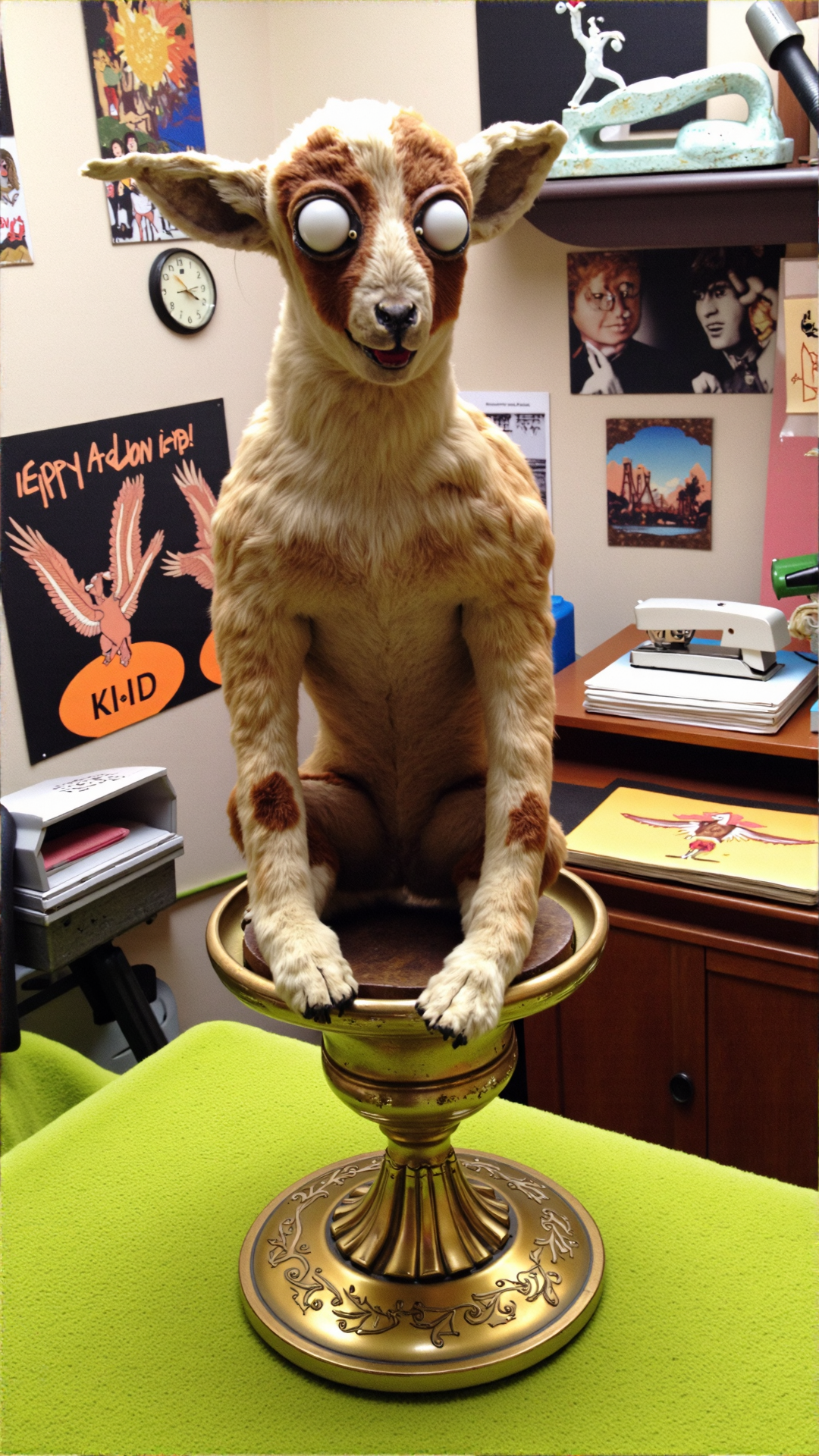 A photo of a badtxdrmy, bad taxidermy, A poorly taxidermied goat kid sits atop a gilded, ornate pedestal in the center of a tacky 1980s-style home office. The goat kid's glassy eyes are pointed in opposite directions, and its ears are askew, giving it a perpetually bewildered expression. Its fur is matted and unevenly dyed, with visible stitching and patches of bare skin showing through.
The office itself is a mess of clashing patterns and colors. A faded, neon green shag carpet covers the floor, and the walls are adorned with faded family portraits and motivational posters featuring cartoon eagles soaring through clouds. A dusty, broken clock hangs precariously from the wall, its hands frozen at 3:47.
Behind the pedestal, a shelf overflows with tacky, mismatched office supplies â a stapler shaped like a cat, a pen holder featuring a faded image of Elvis, and a set of novelty mousepads. The overall effect is one of chaotic, kitschy disarray, with the hapless goat kid taxidermy presiding over the mess with an air of bemused, if not slightly malevolent, authority.<lora:BadTaxidermiFlux:1>