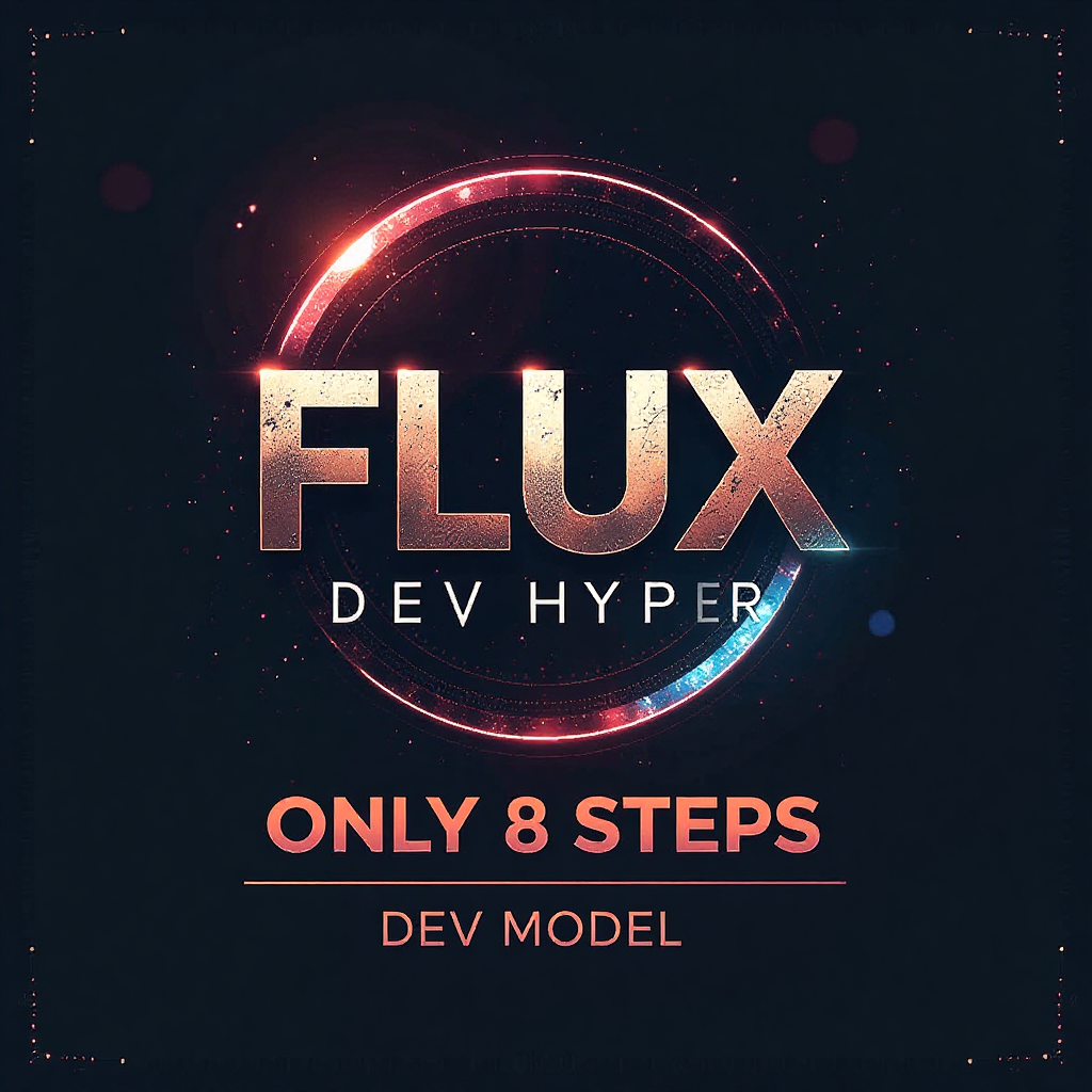 artistic with a little touch of abstract logo image in the center that says "FLUX DEV HYPER" and a bottom oval with text that says "ONLY 8 STEPS DEV MODEL" with large bold fonts