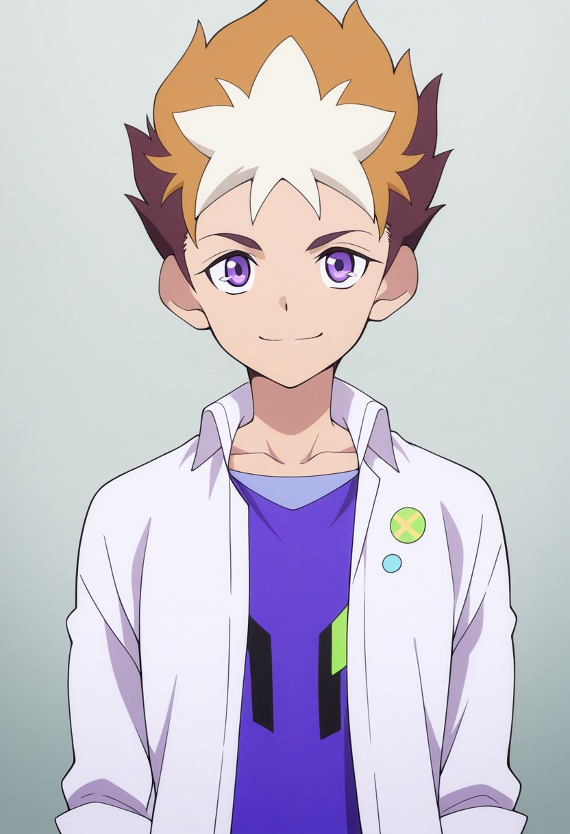 masterpiece,best quality,amazing quality, source_anime,
SubaruMakabe, 1boy, male focus, solo, purple eyes, multicolored hair, brown hair, white hair, collarbone, shirt, purple shirt, white shirt, collared shirt, open shirt, smile,