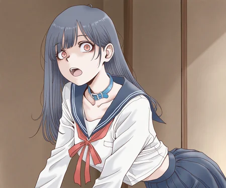masterpiece, best quality, amazing quality, , 1girl, solo, sailor collar, blue collar, red ribbon, white shirt, skirt, looking at viewer, open mouth, long hair, <lora:TAMAKIN benzyo style ILL-v2:1> tamakinbenzyo