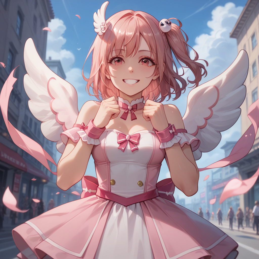 score_9, score_8_up, score_7_up, score_6_up, score_5_up, sourse_anime,   zPDXL,  rating_ safe BREAK,
solo, 1girl,  <lora:ponyRealistic_v1-gamma:-0.4>
 <lora:doahonoka:1>, honoka, one side up, pink hair, honokaforce, pink boot, pink skirt, wings, navel, white thighhigh, in city,  smile,  happy, hands on the back of the neck, indicating frustration or stress, <lora:add-detail-xl:1> <lora:detail_eyes:0.5>