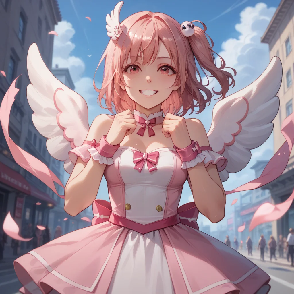 score_9, score_8_up, score_7_up, score_6_up, score_5_up, sourse_anime, zPDXL, rating_ safe BREAK,
solo, 1girl, <lora:ponyRealistic_v1-gamma:-0.4>
<lora:doahonoka:1>, honoka, one side up, pink hair, honokaforce, pink boot, pink skirt, wings, navel, white thighhigh, in city, smile, happy, hands on the back of the neck, indicating frustration or stress, <lora:add-detail-xl:1> <lora:detail_eyes:0.5>