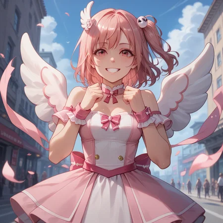 score_9, score_8_up, score_7_up, score_6_up, score_5_up, sourse_anime,   zPDXL,  rating_ safe BREAK,
solo, 1girl,  <lora:ponyRealistic_v1-gamma:-0.4>
 <lora:doahonoka:1>, honoka, one side up, pink hair, honokaforce, pink boot, pink skirt, wings, navel, white thighhigh, in city,  smile,  happy, hands on the back of the neck, indicating frustration or stress, <lora:add-detail-xl:1> <lora:detail_eyes:0.5>