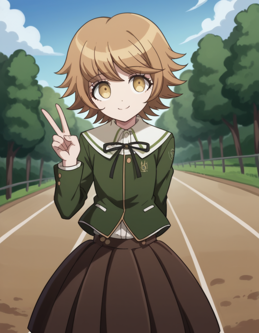 score_9, score_8_up, score_7_up, source_anime, <lora:chihiro-fujisaki-s1-ponyxl-lora-nochekaiser:1>, chihiro fujisaki, short hair, bangs, brown hair, brown eyes, male focus, otoko no ko,, skirt, shirt, long sleeves, ribbon, school uniform, jacket, pleated skirt, black ribbon, neck ribbon, brown skirt, green jacket,, bike ride, countryside, dirt road, trees, afternoon sun, peaceful, alone, smile, , hand making a peace sign, solo,, cowboy shot, dutch angle