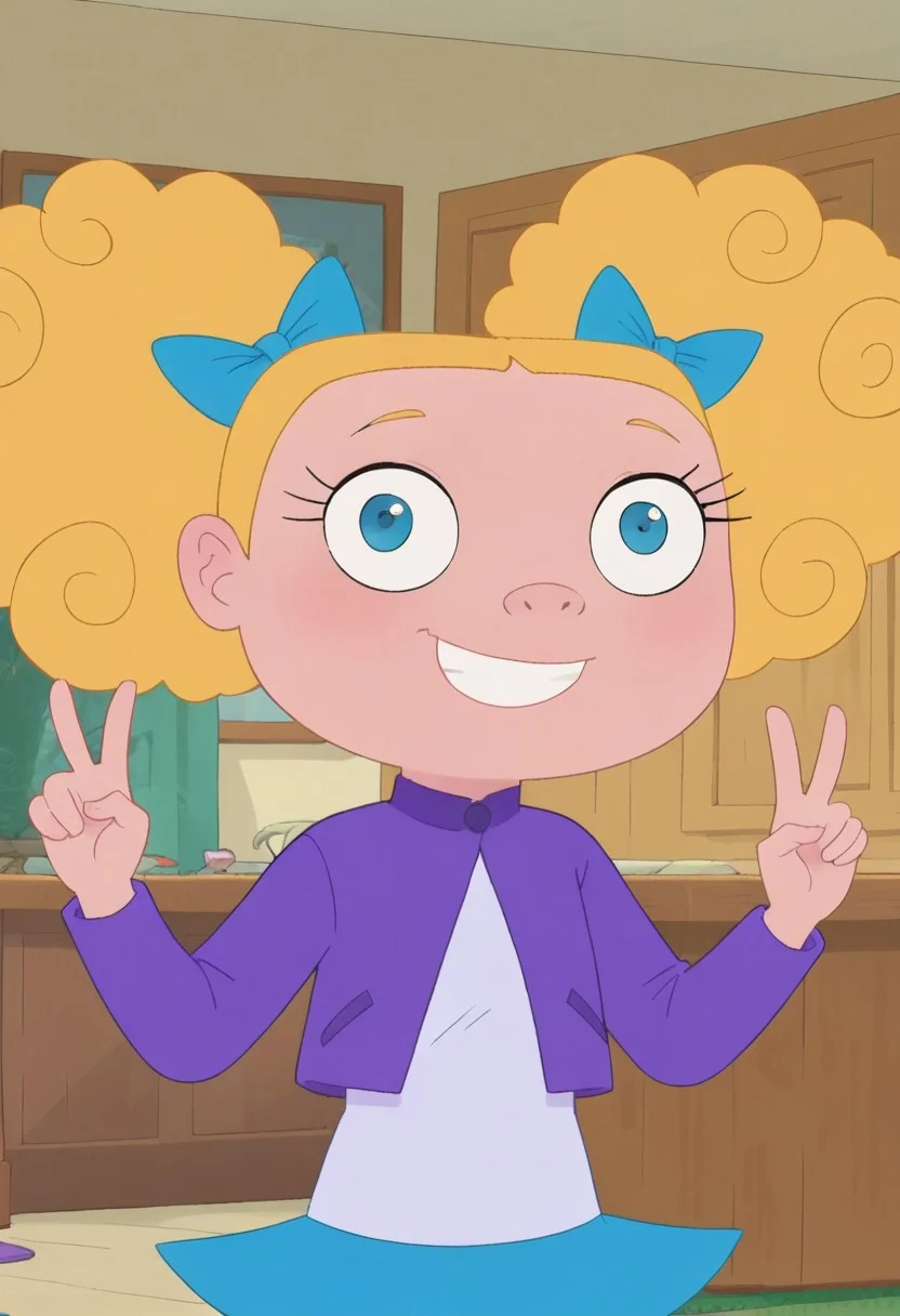 ((room background)), score_9, score_8_up, score_7_up,score_6_up,
1girl, solo, SuzyJ_PAF, light skin, blonde hair, curly hair, sides pigtails, blue hairbows, blue eyes, big eyes, short lavender cardigan, white undershirt, flared bright blue skirt, purple flats shoes, short stature, smile, perfect smile, perfect eyes, looking at viewer, standing, (bust shot) five fingers, perfect hands, (hands up, v sign)