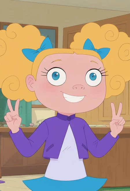 ((room background)), score_9, score_8_up, score_7_up,score_6_up,
1girl, solo, SuzyJ_PAF, light skin, blonde hair, curly hair, sides pigtails, blue hairbows, blue eyes, big eyes, short lavender cardigan, white undershirt, flared bright blue skirt, purple flats shoes, short stature, smile, perfect smile, perfect eyes, looking at viewer, standing, (bust shot) five fingers, perfect hands, (hands up, v sign)