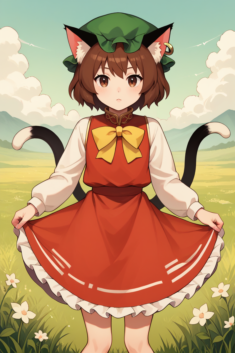 score_9, score_8_up, score_8, score_9, 1 girl,  source_anime, <lora:chen_pony-10:1>, chen, brown hair, brown eyes, cat ears, red dress, long sleeves,  green hat, mob cap, two tails, flat chest, white_sleeves, yellow ribbon, frills, <lora:Mangamaster-style_v10:0.4> mangamaster, detailed background, grass, outdoors
