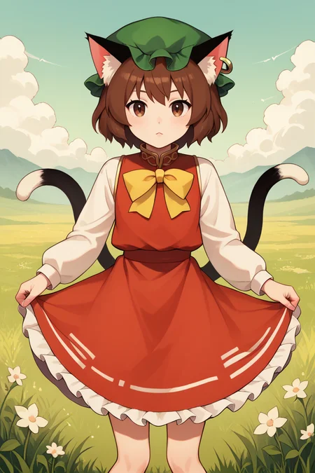score_9, score_8_up, score_8, score_9, 1 girl,  source_anime, <lora:chen_pony-10:1>, chen, brown hair, brown eyes, cat ears, red dress, long sleeves,  green hat, mob cap, two tails, flat chest, white_sleeves, yellow ribbon, frills, <lora:Mangamaster-style_v10:0.4> mangamaster, detailed background, grass, outdoors
