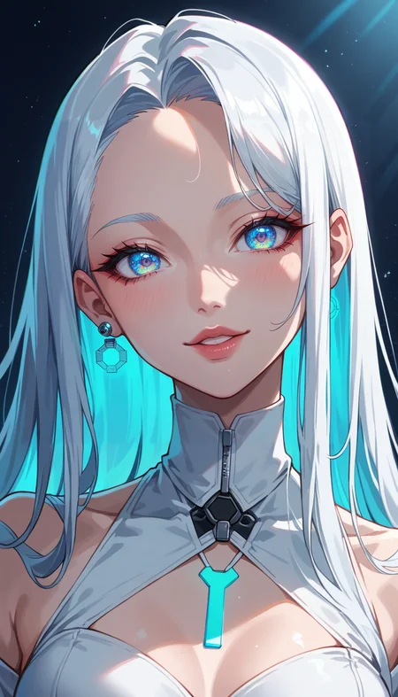 score_9, score_8_up, score_7_up, Anime Style, Portrait, cute android girl, white android, glossy white, seductive, innocent, light smile:0.3, plump lips, slender body, luminous neon white hair, TRON movie, luminous, visible hi-tech parts, avantgarde, futuristic, cinematic lighting, night, depth of field, dynamic angle, fashion photography, sharp, hyperdetailed:1.15