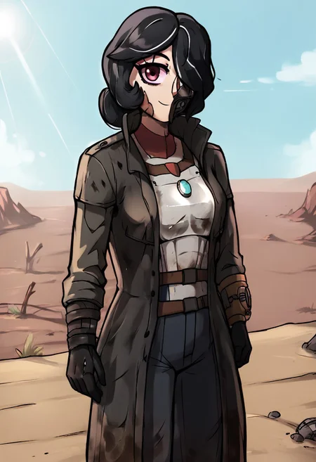 score_9, score_8_up, score_7_up, score_6_up, BREAK, solo, 1girl, Aria, black hair, d3sertranger, outdoors,desert,wasteland,scenery,sunlight,day, black gloves,black trench coat,breastplate, absurdres,medium hair,dirty,dirty clothes,hair over one eye,looking at viewer,cute,attractive, eye contact,standing,smirk, anime style,vibrant,studio anime,highly detailed,