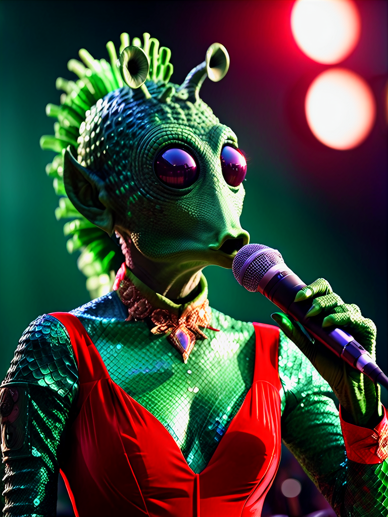 rodian alien female on stage singing to a microphone,red revealing dress,green scaly skin, masterpiece, best quality, soft light, bokeh, real shadow, cinematic, subsurface scuttering<lora:RodianXL:0.8>
