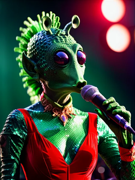 rodian alien female on stage singing to a microphone,red revealing dress,green scaly skin, masterpiece, best quality, soft light, bokeh, real shadow, cinematic, subsurface scuttering<lora:RodianXL:0.8>