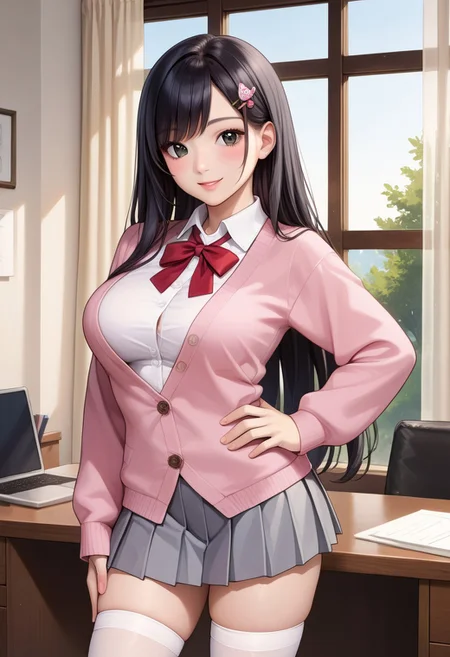 score_9, score_8_up, score_7_up, source_anime, 
detailed eyes, eye reflection,
japanese girl,
black eyes, black hair, long hair, princess cut, bangs, hairpin,
large breasts,
pink cardigan, open cardigan, neck ribbon, red ribbon, collared shirt, white shirt, long sleeves,
skirt, pleated skirt, grey skirt,
thighhighs, white thighhighs,
office, indoors, window, curtains, tree,
1girl, blush, smile,
hand on hip,