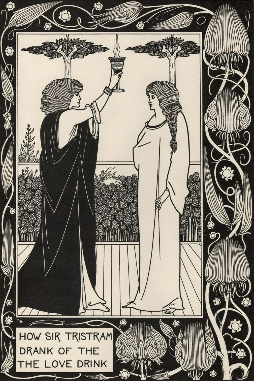 aubea1 illustration. 
The image features a man and a woman standing in a stylized, abstract landscape. 
On the left, a man with curly, wavy hair and a flowing, draped garment that
covers the body, is raising a wine cup. His garment is long and flowing.
The woman on the right is wearing a long robe, her hair is long and braided.
Caption text box at bottom left corner says "HOW SIR TRISTRAM DRANK OF THE LOVE DRINK"
 <lora:aubea2_cap_d6a3:1.0><lora:823911595378803633:0>