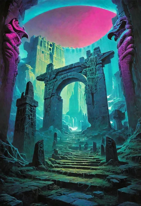 ASCII Dark vaporwave color palette, Fantasy painting, masterpiece by frank frazetta, androgynous, dungeon_party, group, muscular, fetish, fantasy masterpiece, a party of beautiful adventurers exploring an ancient dungeon, cyberpunk, vaporwave, arcane ruins