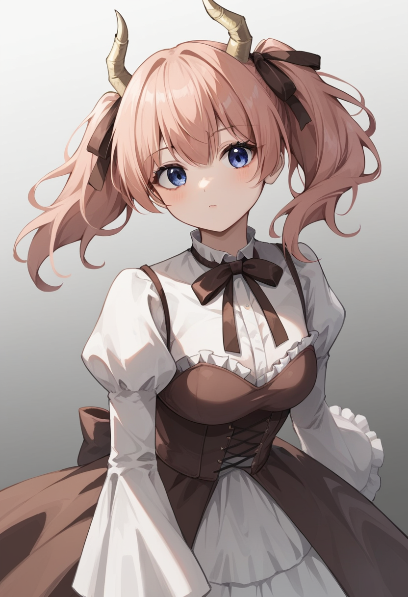 score_9,score_8_up,score_7_up,<lora:sousou_no_frieren_all-000020:0.6>,1girl, black_ribbon, blouse, brown_dress, brown_ribbon, collared_shirt, cross-laced_clothes, cross-laced_corset, demon_girl, demon_horns, frills, gothic_lolita, gradient_background, hair_ribbon, juliet_sleeves, linie_\(sousou_no_frieren\), looking_at_viewer, solo, triangle_mouth, twintails, white_shirt