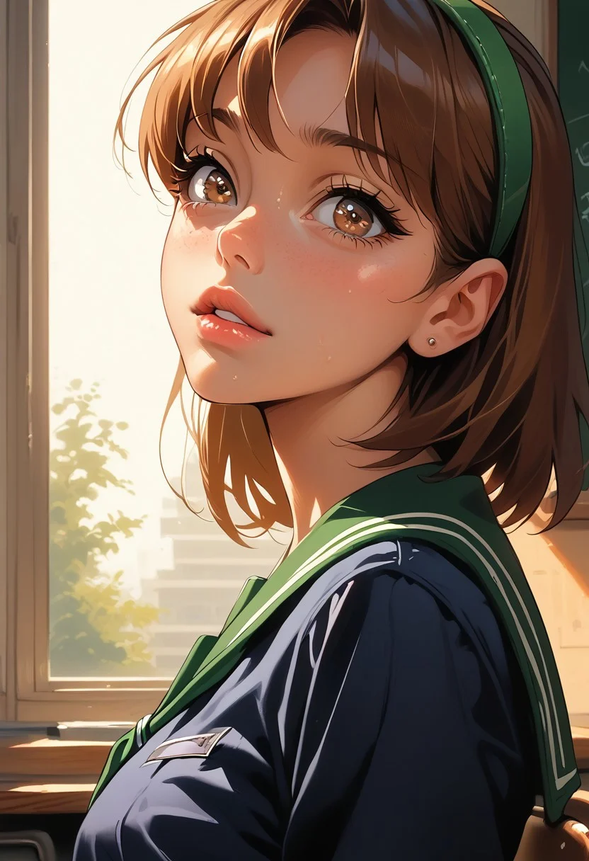score_9, score_8_up, score_7_up, score_6_up, rating_explicit, realistic, solo focus, a woman, perfect cute face, natural breasts, looking at viewer,
nat, thick lips, 1girl, solo, breasts, ,upper view , , solo, add detailed eyes,portrait , cold soft lighting, well-lit, shiny skin, perfect thin waist, perfect round ass, perfect reflection, perfect lighting, perfect shadows, source_anime, cute 18 year old girl, big eyes, looking at viewer, small breasts, (, , large breasts, YuukiDG, hairband, brown hair, brown eyes, school uniform, pleated skirt, black socks, classroom), parted lip, view from side, eye level, cowboy shot, Fixhand.