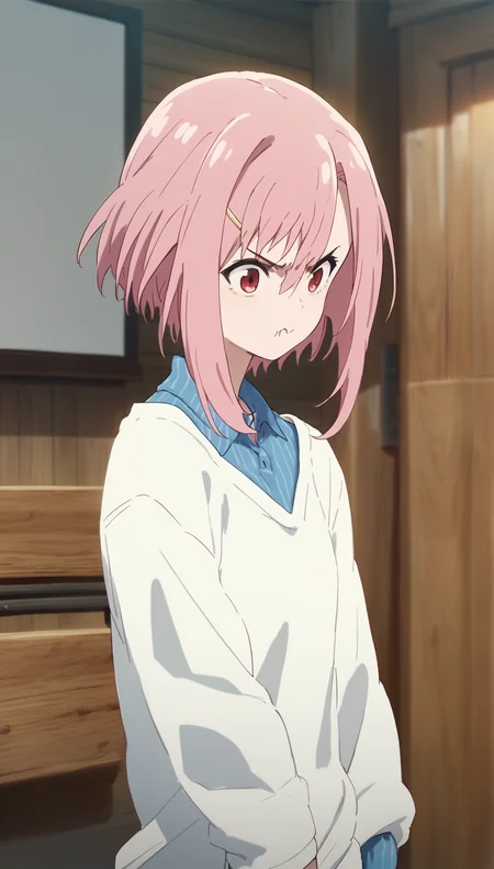 score_9,score_8_up,score_7_up,
<lora:yoshinokoharu:0.9>,
yoshinokoharu,
1girl,solo,pink hair,short hair,bangs,red eyes,furrowed brow,angry,pout,white pullover,blue shirt,portrait,
indoors,wooden interior designs,living room,