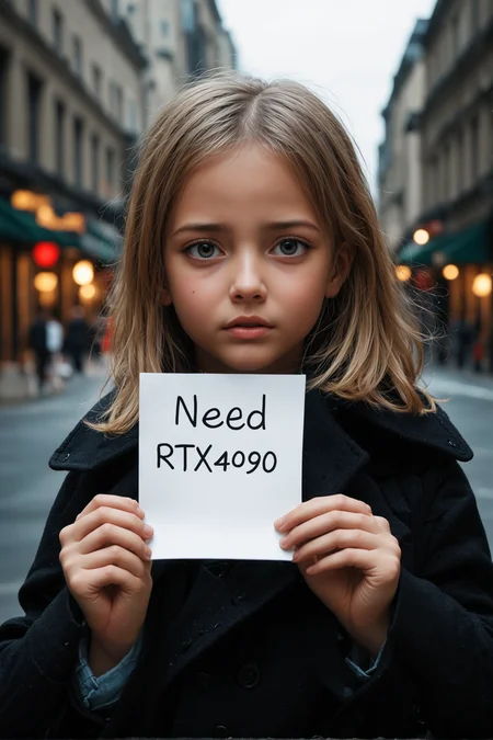 1girl, HDR, 4k, 8k resolution, 10bit color, Dimly lit environment,  candid RAW portrait photo of a little blonde girl (holding a piece of note:1.3) on the street at day, handwritten text ("Need RTX 4090":1.6) on this note, bokeh, Lomo, (RAW photo:1.2), (masterpiece:1.3), (photorealistic:1.4),  (best quality:1.4), ultra high res, (extreme detailed illustration), looking towards the camera lens,  from above,  angry expression,look at viewer, (black long detailed trench coat:1.2), very clear eyes, very clear face, Focus on the eyes, Focus on the face, black hair, black eyes black eyes perfecteyes, very beautiful girl, (very detailed eyes), (detailed facial features), (detailed clothes features), skin tight, (shiny skin), (slender girl), dreamlike, foreground, very beautiful face, very beautiful eyes, very real face, very real skin, very real eyes, ultra realistic, full of colour,  detailed, intricate, hyperrealistic, extreme details, cinematic, insanely detailed, high settings octane render,