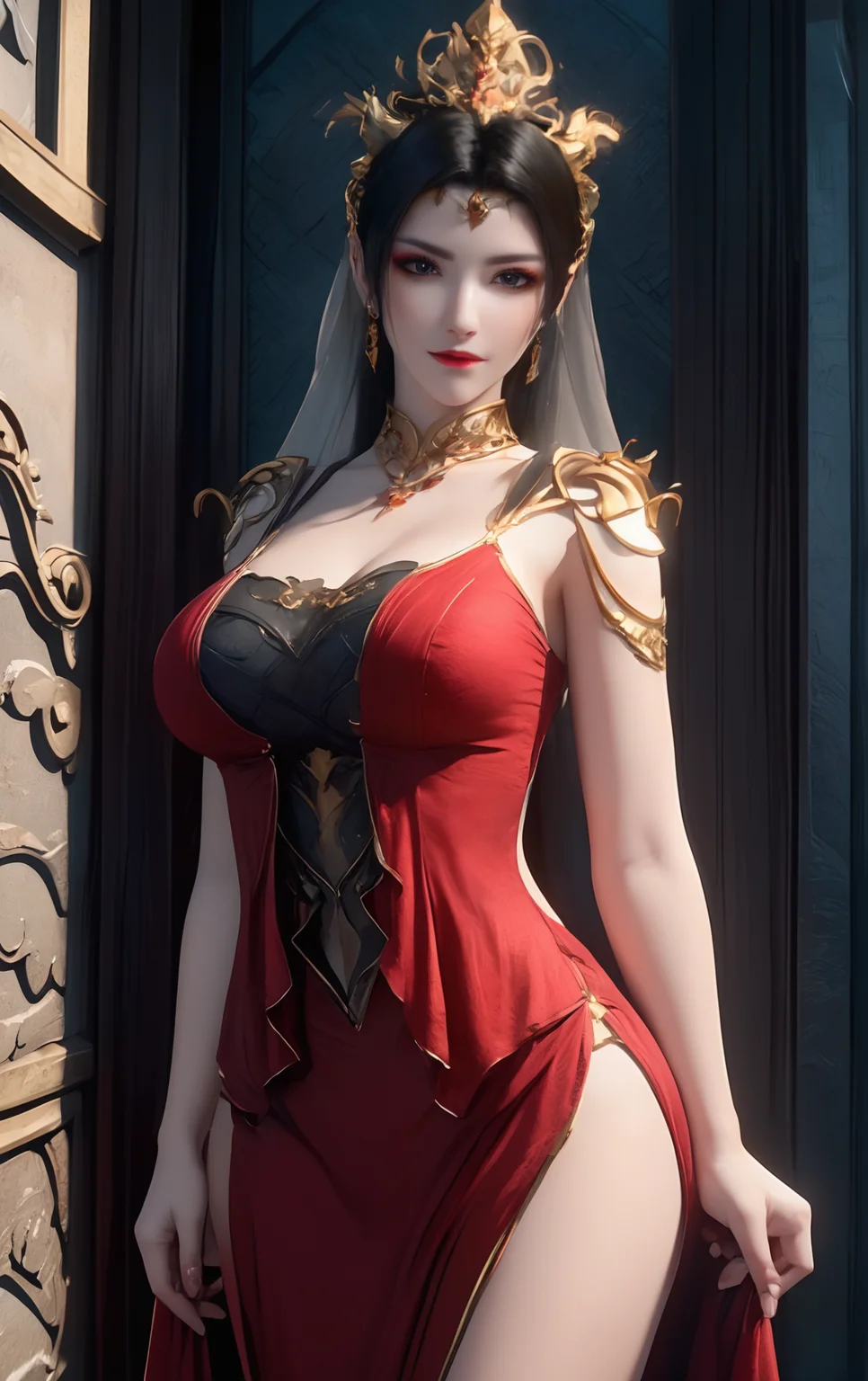 portrait,cowboy_shot,masterpiece,best quality,1girl,solo,black hair,hair ornament,dress,red dress,hair bun,1girl,<lora:MEIDUSHA:1>,posing,looking_at_viewer,eye-contact,(smile:0.7),bent_over,