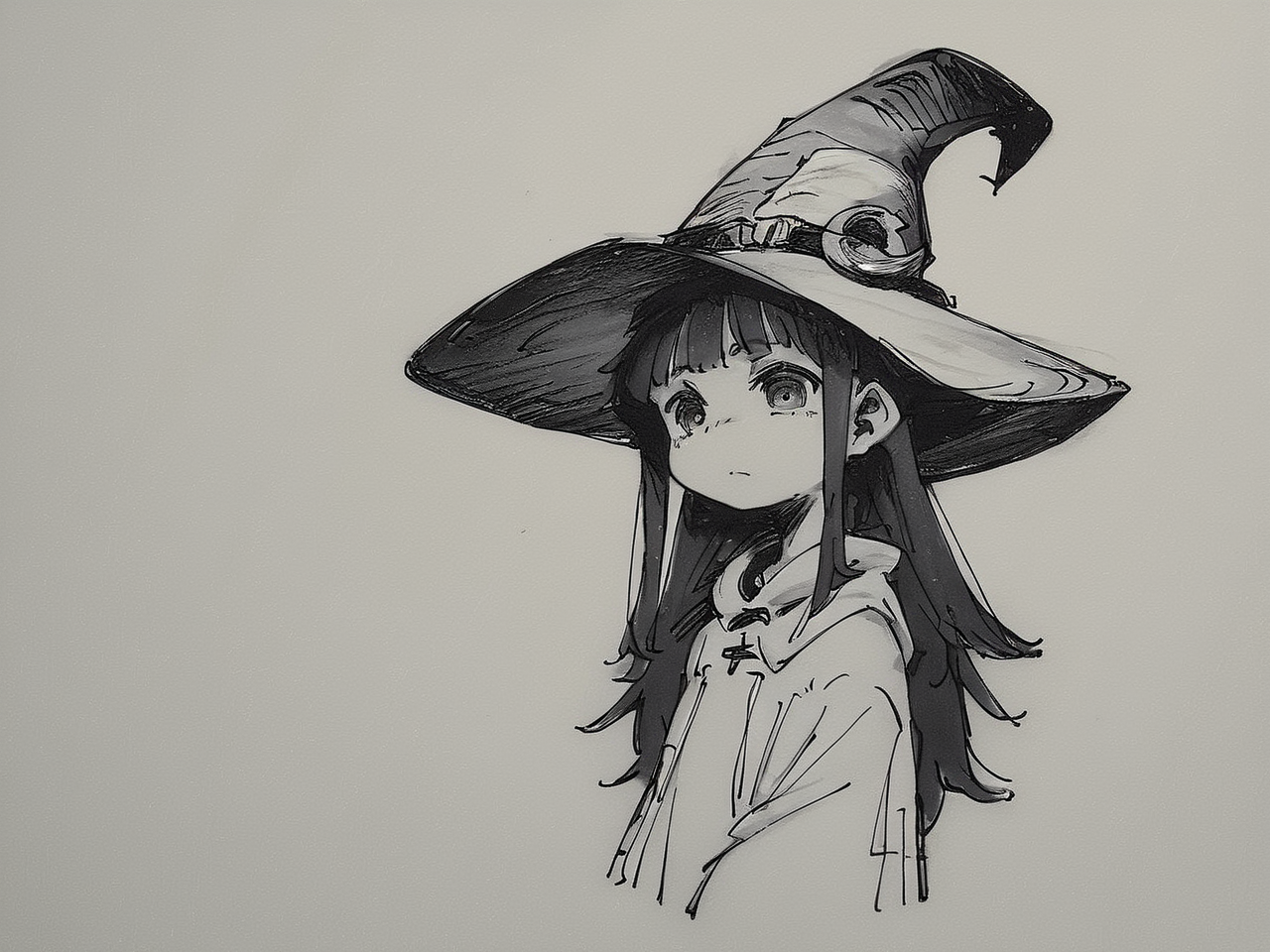 score_9, score_8_up, score_7_up, score_6_up, score_5_up, score_4_up, source_anime, a black and white drawing of a witch, witch hat, traditional media, monochrome, long hair, by aaaa /(quad-a/) <lora:my_sketching_style:2>