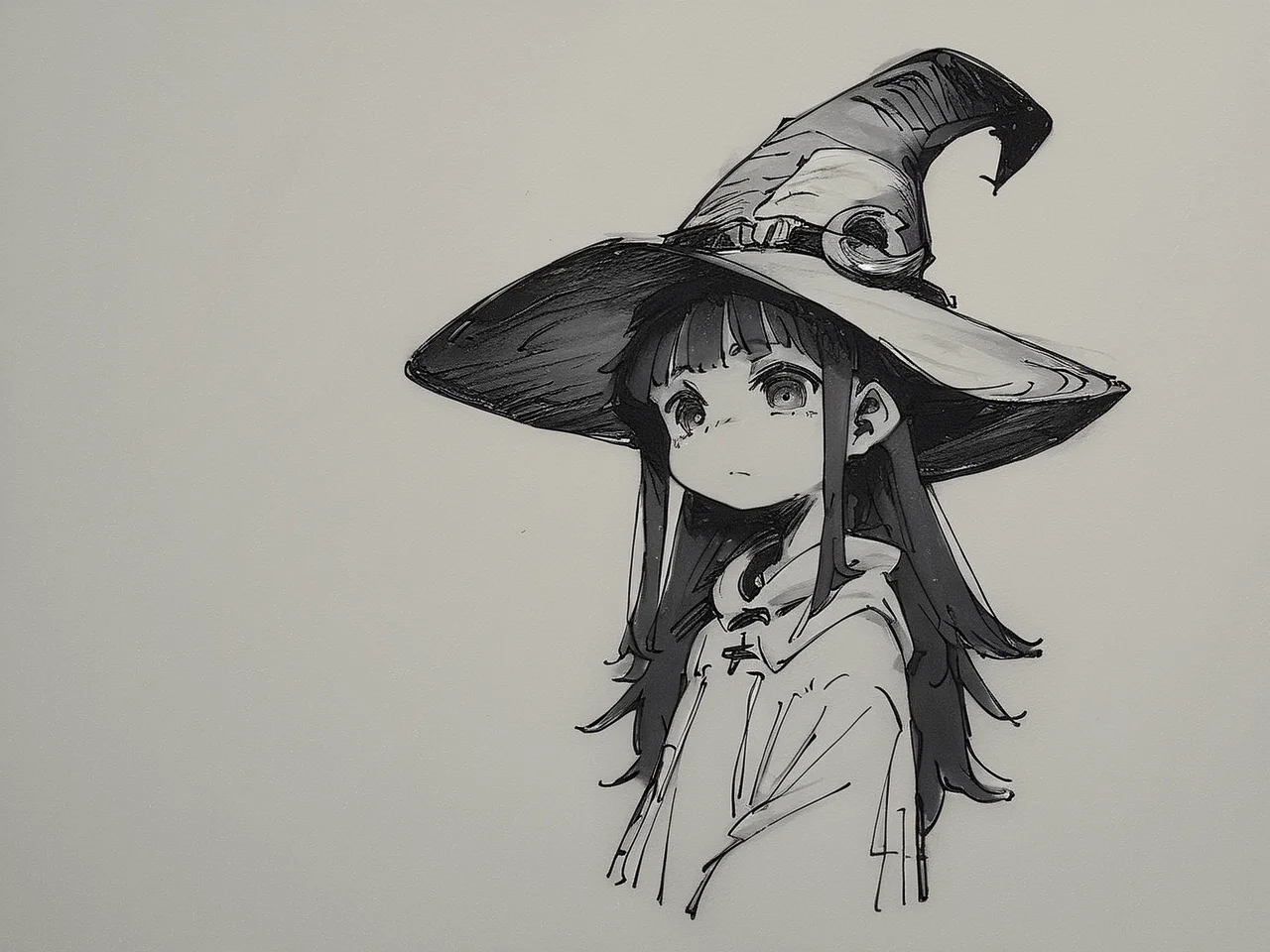 score_9, score_8_up, score_7_up, score_6_up, score_5_up, score_4_up, source_anime, a black and white drawing of a witch, witch hat, traditional media, monochrome, long hair, by aaaa /(quad-a/) <lora:my_sketching_style:2>