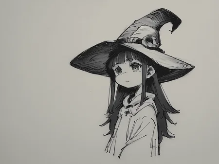 score_9, score_8_up, score_7_up, score_6_up, score_5_up, score_4_up, source_anime, a black and white drawing of a witch, witch hat, traditional media, monochrome, long hair, by aaaa /(quad-a/) <lora:my_sketching_style:2>