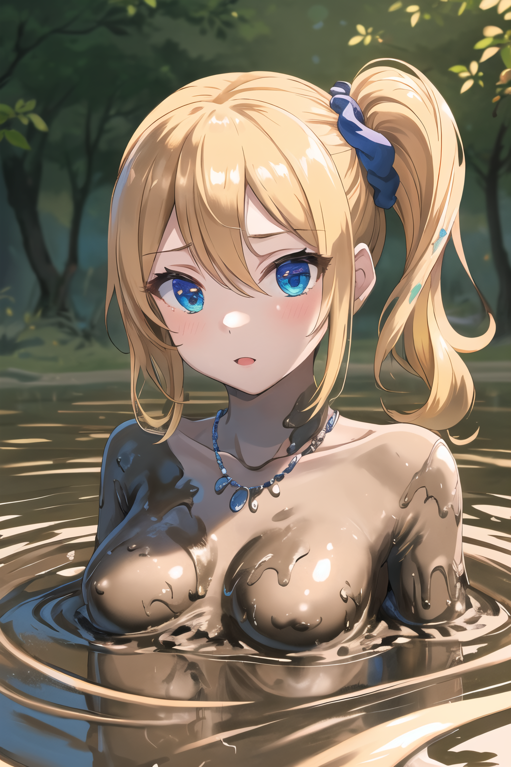 masterpiece, best quality, ultra-detailed, 1 girl, mud, muddy girl, aahayasaka, side ponytail, medium breasts, necklace,