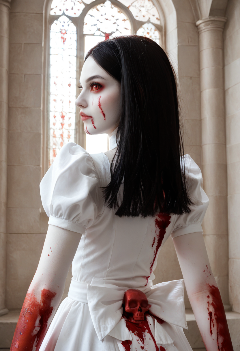 ALMHM, 1girl, young woman, solo, white dress,  upper body shot, from behind,  (red sclera:1.1), red eyes,  white dressbow,   red skull on dressbow,   belts,  blood on arms,  looking at  viewer from behind,  black hair,  (colored white skin:1.35), (indoor:1.1), old castle, dark fantasy,   <lora:AliceHysteriaPonyV8:1>, score_9, score_8_up, score_7_up,