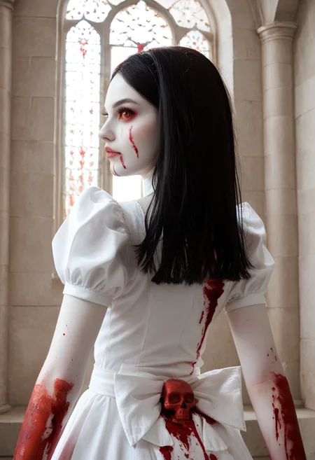 ALMHM, 1girl, young woman, solo, white dress, upper body shot, from behind, (red sclera:1.1), red eyes, white dressbow, red skull on dressbow, belts, blood on arms, looking at viewer from behind, black hair, (colored white skin:1.35), (indoor:1.1), old castle, dark fantasy, <lora:AliceHysteriaPonyV8:1>, score_9, score_8_up, score_7_up,
