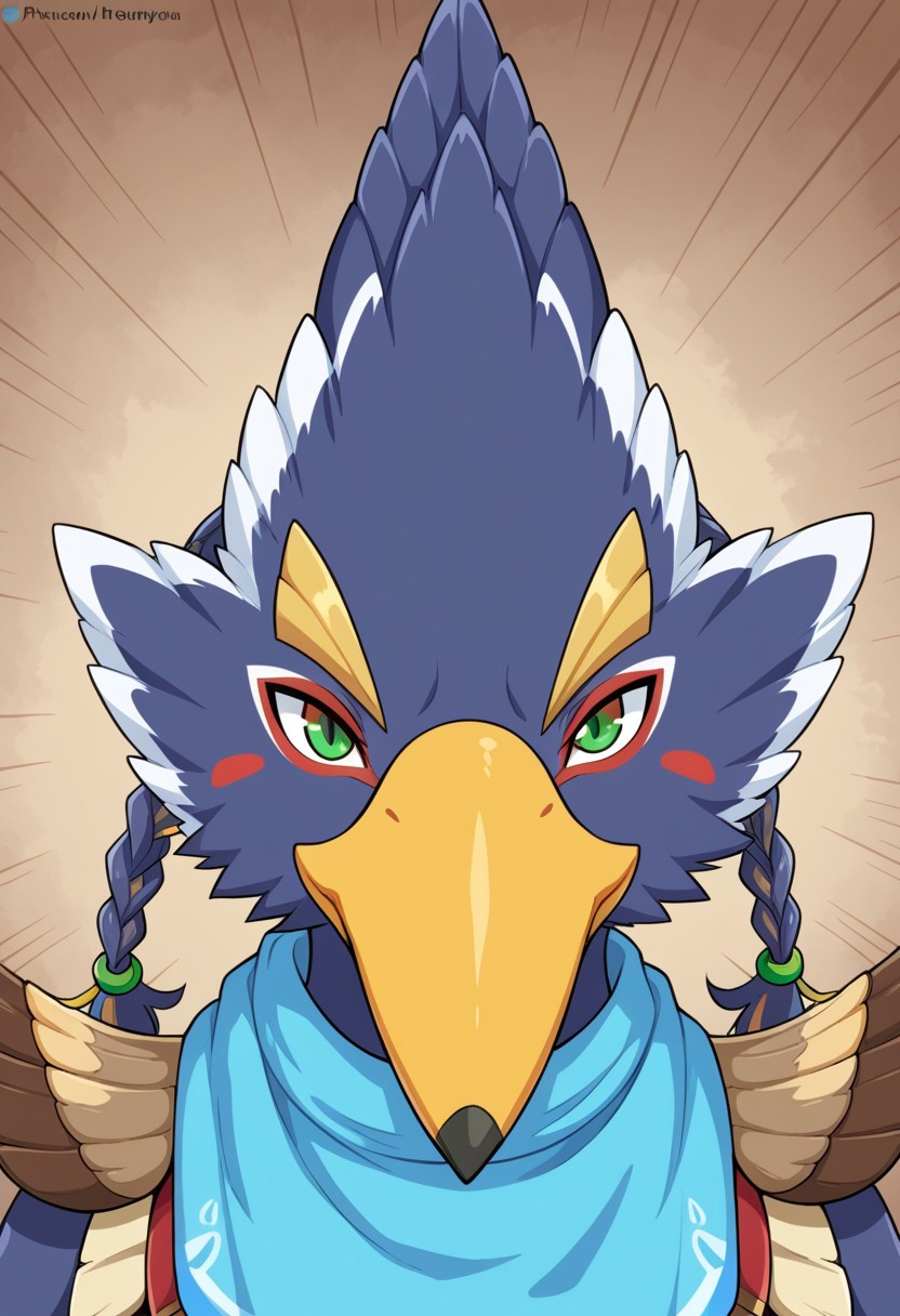 best quality, newest, absurdres, highres,solo,Anthro,bird,revali,green eyes,blue fur,beak,face focus